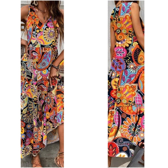 Dresses | Boho Colorful Floral Tropical Print V Neck Sleeve Maxi Dress ...